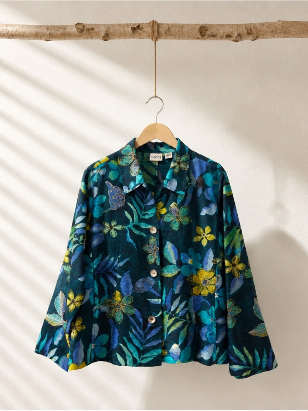 Chico's Teal Floral Embroidered Silk Button-Front Shirt